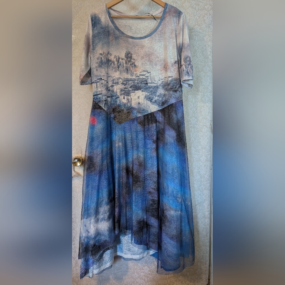 CARINE XXL Dress Blue W Mesh Overlay Skirt‎